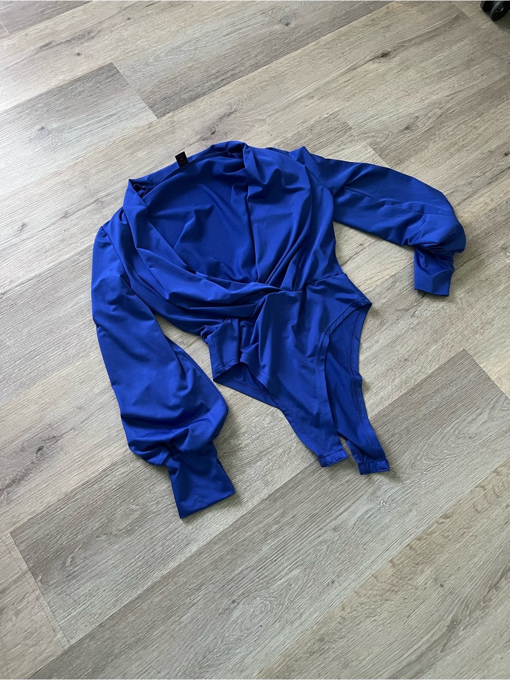 SHEIN Royal Blue Draped Wrap Bodysuit with Blouson Sleeves